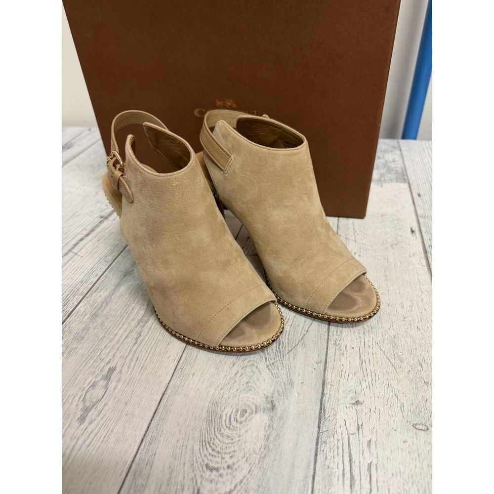 Coach Suede Stilleto With Leather Sole Buckle Up Ankle, Golden Sequins open toe